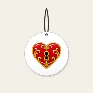 Heart and Keyhole in Red and Gold Ceramic Ornament in white: A small heart with a keyhole in red and gold on a clean ground.