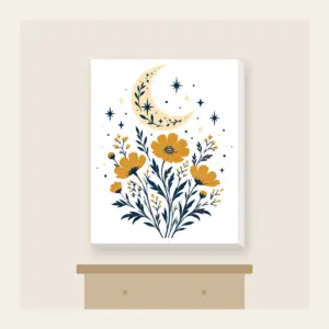 Crescent Moon over Ochre Wildflowers Canvas Print in white: A crescent moon floats over ochre wildflowers and pale star dots on a cream and navy illustration.