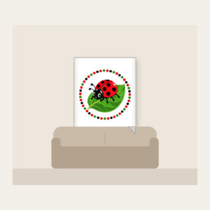 Ladybug on a Leaf Fleece Blanket in white: A cheerful ladybug rests on a green leaf inside a polka-dot border in red, black and green.
