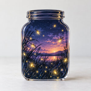 Firefly Jar Acrylic Display with a jar silhouette printed with glowing fireflies, grass blades and a violet dusk sky in navy, violet and warm yellow