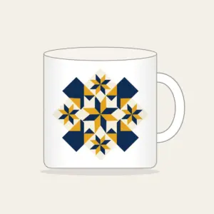 Mustard and Navy Patchwork of Stars Mug in white: A patchwork of stars and diamonds in navy, mustard and cream.