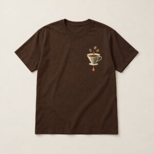 Dark Chocolate Pour-Over Coffee Tee with compact front chest panel print of a pour-over cone with a gentle drip and four floating beans in cream, caramel and sage
