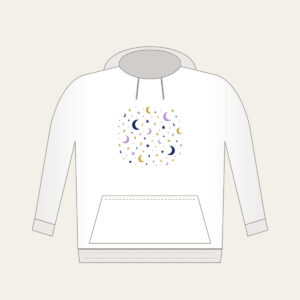 Scattered Stars and Crescents Hoodie in white: Small stars and crescent moons scattered across the night in navy, lilac and gold.