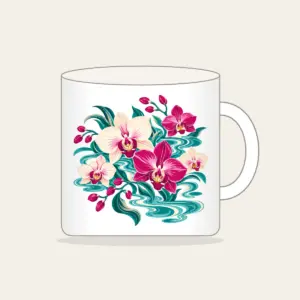 Orchids and Lagoon Ripples Mug in white: Orchids and gentle lagoon ripples mix in teal, magenta and cream.