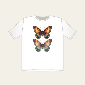 Amber Plum Watercolor Butterfly T-Shirt in white: A butterfly with watercolor-style wings in amber, plum and teal, traced with delicate vein linework.