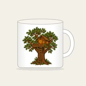 Oak Treehouse with Glowing Lantern Mug in white: A treehouse in an oak tree with a glowing lantern in brown, green and amber.