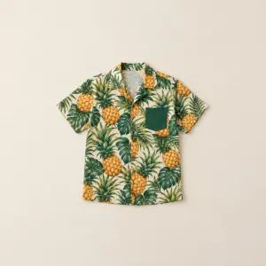Pineapple Grove Pocket Shirt with all-over pineapples and leaves in gold and green with a solid contrasting area at the chest pocket