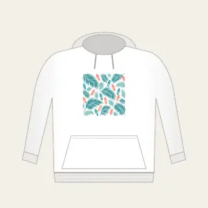 Palm Shadows and Tiny Surfboards Hoodie in white: Palm-leaf shadows and tiny surfboards in teal and coral on cream.