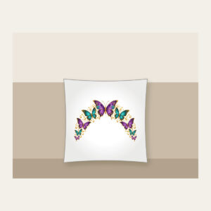 Butterflies Arching Along the Edge Pillow in white: Violet, teal and gold butterflies arch along a curved edge.