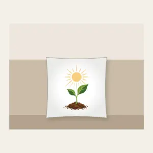 Seedling Reaching for Sunbeams Pillow in white: A young seedling stretches toward warm sunbeams in cream, green and brown.