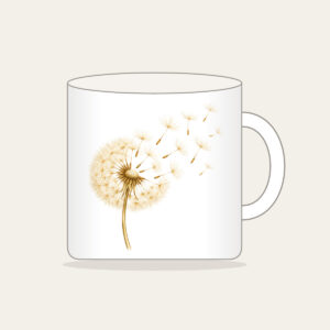 Dandelion Seeds Drifting Away Mug in white: A dandelion seed head with its seeds drifting away in cream and pale gold.