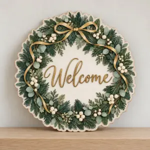 Round wood and acrylic sign printed with an evergreen wreath and the word Welcome