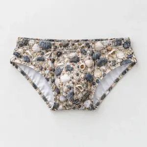 Pebble Beach Swim Briefs with all-over pebbles and tiny shells in sand, slate and white