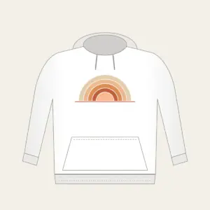 Stepped Arc Sunrise Over the Horizon Hoodie in white: A rising sun built from five stepped arcs in apricot, rust and sand above one thin horizon line.