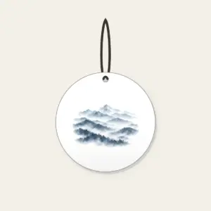Misty Grey-Blue Ridgelines Ceramic Ornament in white: Grey-blue ridges layer into fog across the artwork.