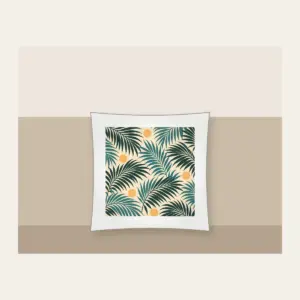 Palm Frond Shadows on Sand Pillow in white: A repeat of palm frond shadows in teal and deep green on a sandy cream base, with small sun circles.