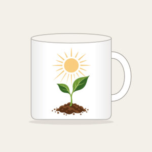Seedling Reaching for Sunbeams Mug in white: A young seedling stretches toward warm sunbeams in cream, green and brown.