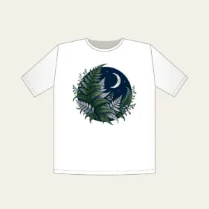 Moonlit Fern Fronds on Navy T-Shirt in white: Silver and deep green fern fronds curl over navy beneath a small crescent moon.