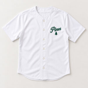 Pines Embroidered Baseball Jersey with compact forest green embroidered script "Pines" with a tiny pine underneath at left chest, clear of the button placket