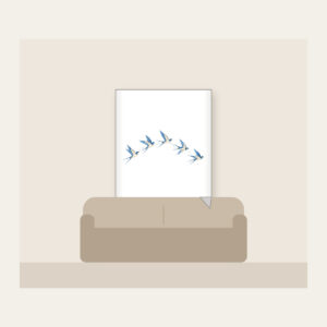 Five Swallows in a Gentle Arc Fleece Blanket in white: Five swallows in cream and sky blue fly in an arc along a fine dotted trail.