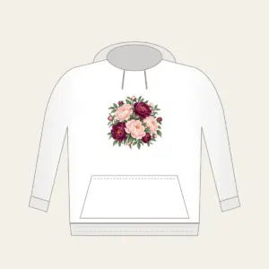 Blush and Plum Peony Garden Hoodie in white: Peonies and leaves in blush, plum and sage fill the artwork edge to edge.
