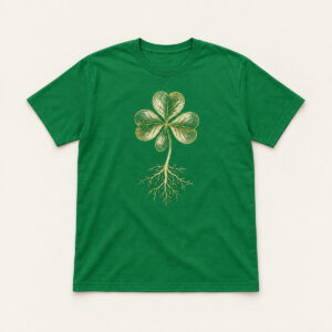 Four-Leaf Study Tee with chest print of a botanical-plate style four-leaf clover with its roots in cream and gold line art