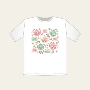 Teapots and Tiny Flowers T-Shirt in white: Cheerful teapots and little flowers in pink and mint scatter across a cream ground.