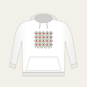 Orchard Diamond Lattice Hoodie in white: A diamond lattice with small apple and leaf motifs in red, cream and green.