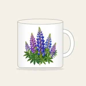 Wild Lupine Meadow Spires Mug in white: Tall wild lupine flowers in violet and blue with green leaves.