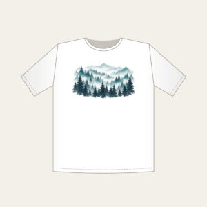 Pine Rows Fading into Mist T-Shirt in white: Rows of pine silhouettes recede into mist in slate, teal and white.