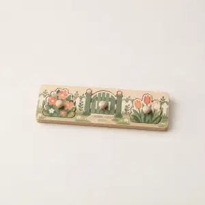 Wooden Puzzle Board with Garden Pieces with board with a garden scene of a gate and flowers in sage, coral and cream cut into a few large simple pieces, Knob type