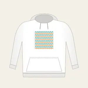 Teal and Orange Zigzag Trail Hoodie in white: Zigzag trail lines in teal and orange race across a white ground.
