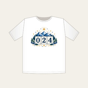 Mountain and Star Border with 024 T-Shirt in white: A border of mountains and stars surrounds a three-digit counter reading 024.