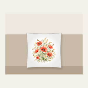Poppies, Grasses and Tiny Butterflies Pillow in white: All-over poppies, grasses and tiny butterflies in coral, gold and green on cream.