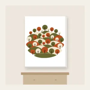 Rolling Orchard Hills Canvas Print in white: Rows of round trees on hills in olive, rust and cream.
