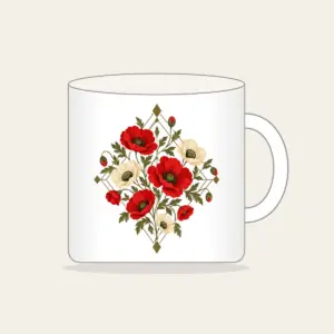 Poppy Diamond Garden Mug in white: Diamond lines hold scattered poppies in red, cream and olive.