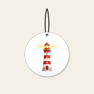 Striped Lighthouse Beam Ceramic Ornament in white: A red and white striped lighthouse sends out a gentle golden beam of light.