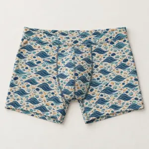 Blue Tide Men's All-Over Boxer Briefs with all-over repeat of small waves and pebbles in navy, teal and sand, scaled small for a close-fitting garment