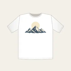 Moonrise over Three Peaks T-Shirt in white: A round moon rises over three mountain peaks in cream and slate.