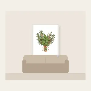 Herb Bundle with String Fleece Blanket in white: A bundle of rosemary, basil and thyme tied with string in green, cream and terracotta.