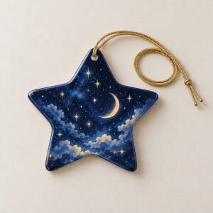 Starlit Ceramic Star Ornament with a star-shaped ornament printed with a deep blue night sky, tiny gold stars and a crescent moon