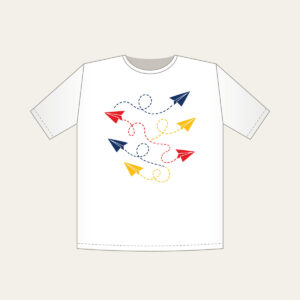 Paper Planes and Dotted Flight Paths T-Shirt in white: Paper planes trace dotted flight paths across cream in navy, red and yellow.