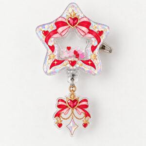 Star Window Shaker Badge Reel with a star-shaped top layer printed in red, pink and gold with a clear window showing tiny heart pieces inside