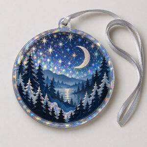 Aurora Pine Shaker Ornament with a round four-layer shaker with a Star Hologram back, a printed night sky of pines and a crescent moon in deep blue and silver