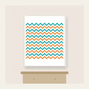 Teal and Orange Zigzag Trail Canvas Print in white: Zigzag trail lines in teal and orange race across a white ground.