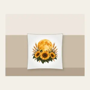 Harvest Moon over Sunflower Fields Pillow in white: A large harvest moon rises over sunflower and wheat silhouettes in amber, deep green and cream.