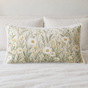 Meadow Stitch Quilt Pillowcase with a flat printed meadow of grasses and daisies in sage, cream and butter yellow