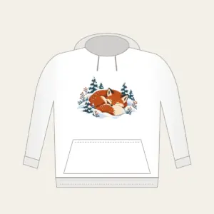 Sleeping Fox Among Snowy Pines Hoodie in white: A fox curled asleep in a snowbank with tiny pines, in rust, cream and slate blue.