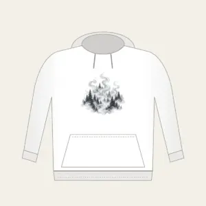 Campfire Smoke Curls Through Pines Hoodie in white: Wisps of smoke curl upward between dark pine silhouettes in muted greys.