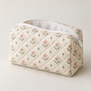 Bloom Quilt Makeup Pouch with a flat printed bloom pattern of small flowers and diamonds in blush, sage and cream